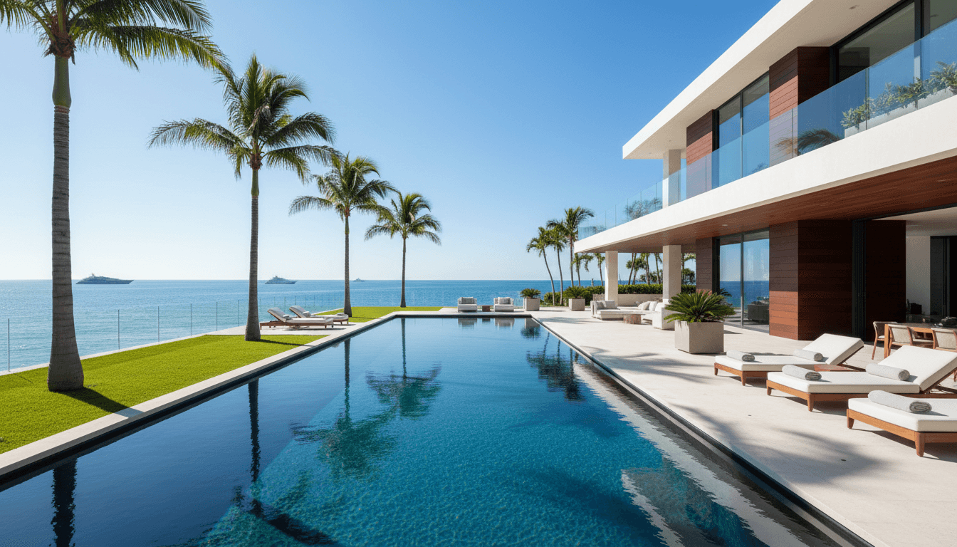 Waterfront luxury home with pool and palm trees in Florida