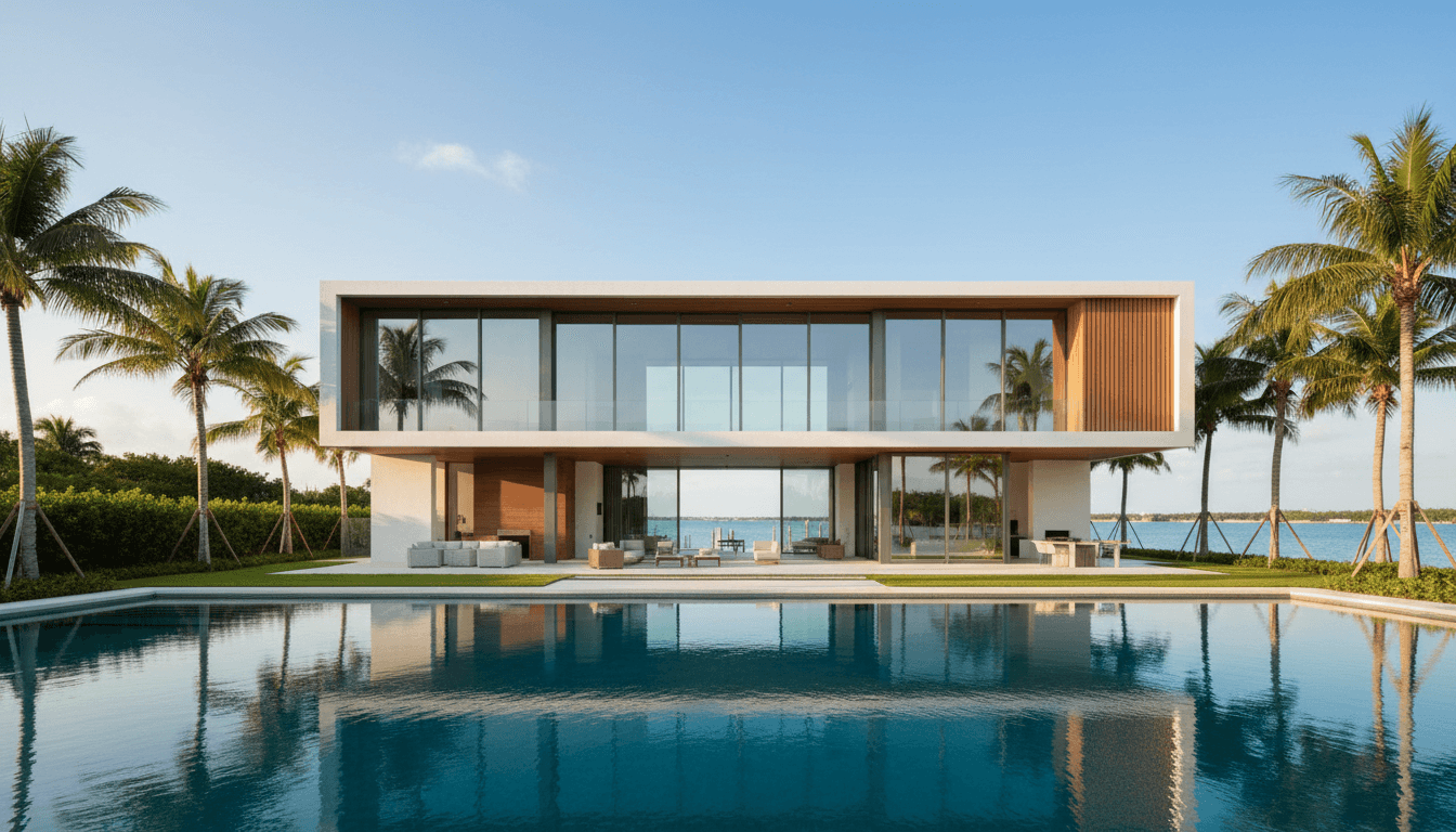 Modern luxury waterfront home in Florida with a pool and palm trees