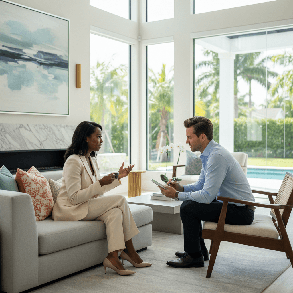 Black client and real estate agent collaborating in a luxurious Florida home.