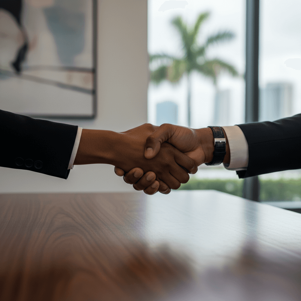 Close-up of consultant and client hands shaking over a signed consulting agreement document on a wooden desk