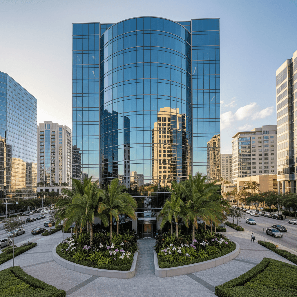 Contemporary commercial building with glass facade and greenery in an urban setting