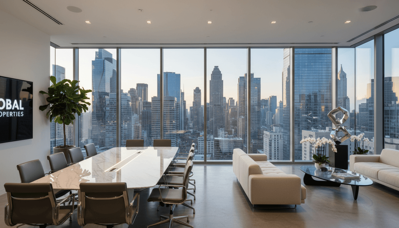 Modern luxury real estate office with panoramic city views