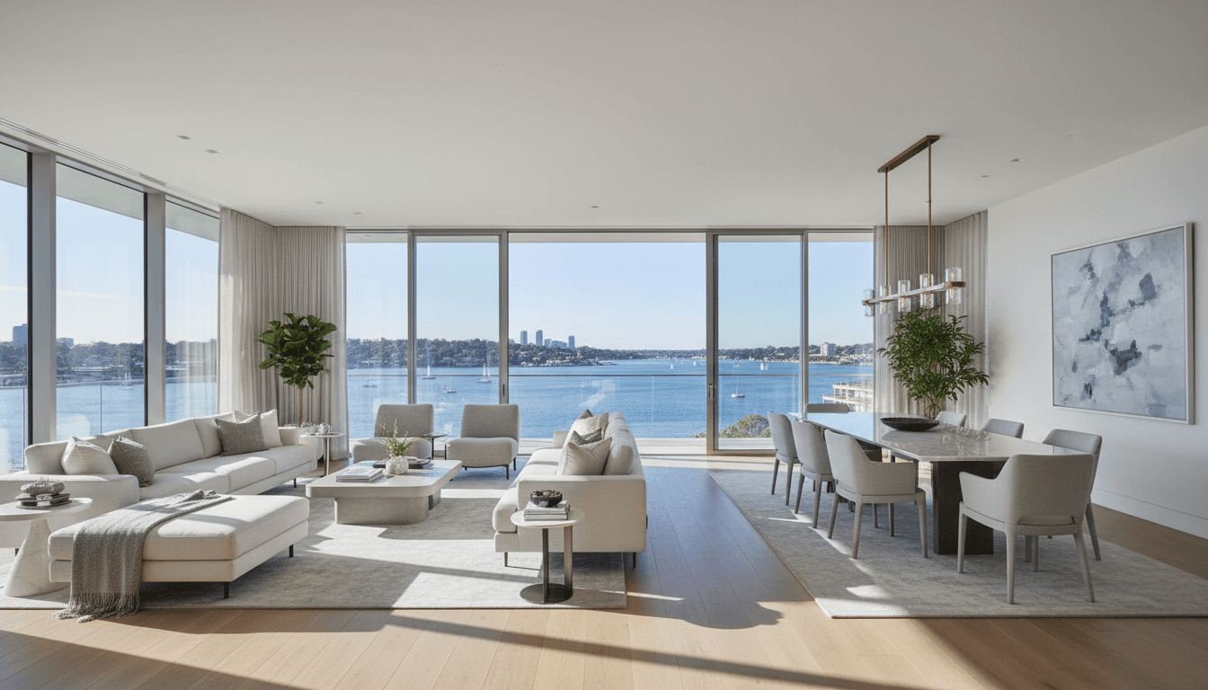 Luxury home interior with modern design and waterfront views