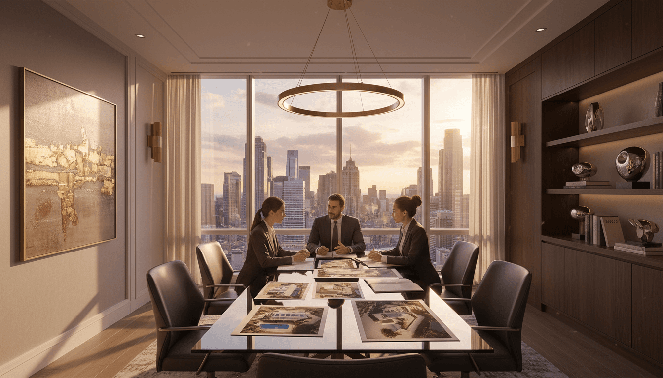 Luxury real estate team meeting with clients in professional office setting