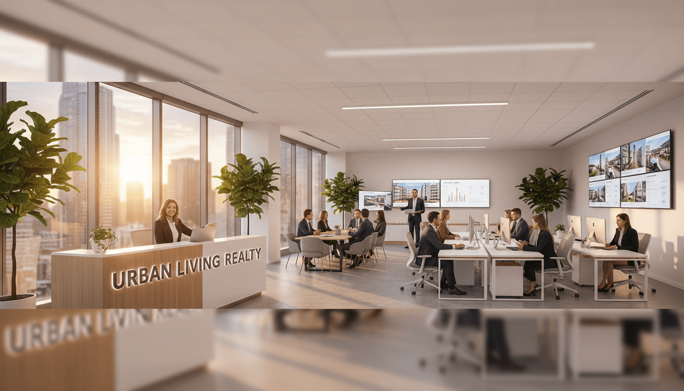 Modern luxury real estate office with professional environment and city views