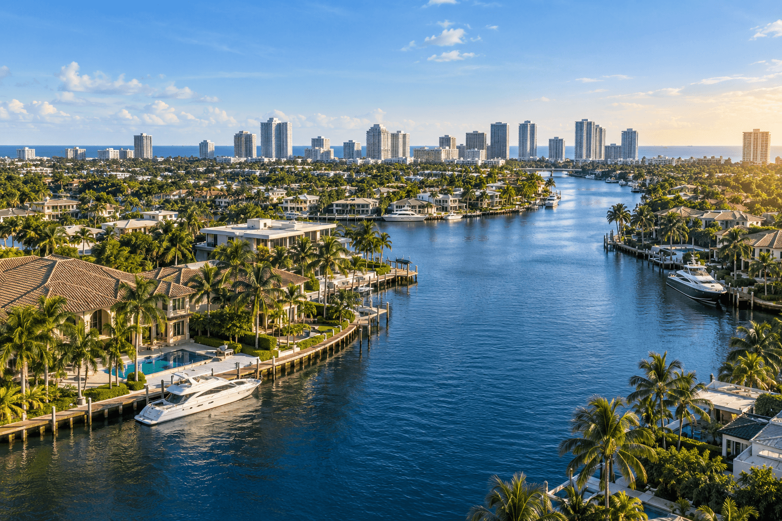 Aerial view of luxury waterfront mansions and yachts along a canal with city skyscrapers.