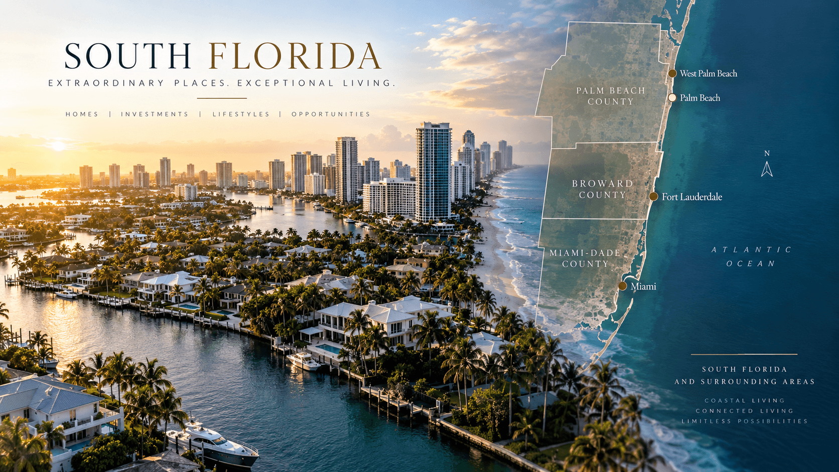 Aerial sunset view of South Florida's luxury waterfront and skyline with regional map overlay.