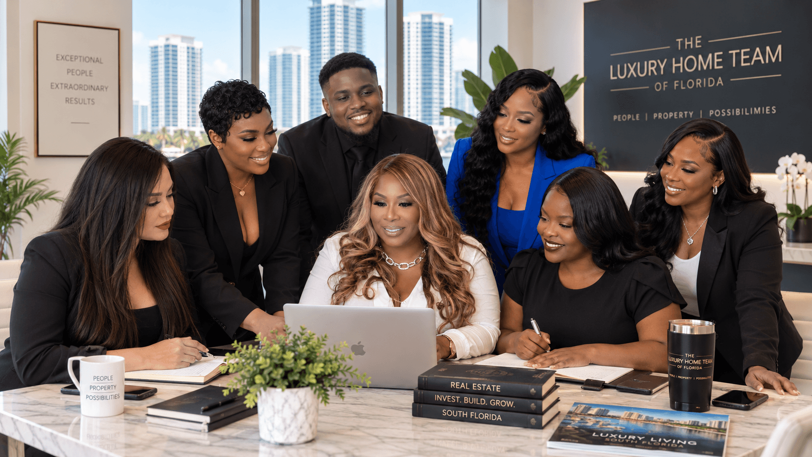 Diverse real estate team collaborating around a laptop in a luxury South Florida office.