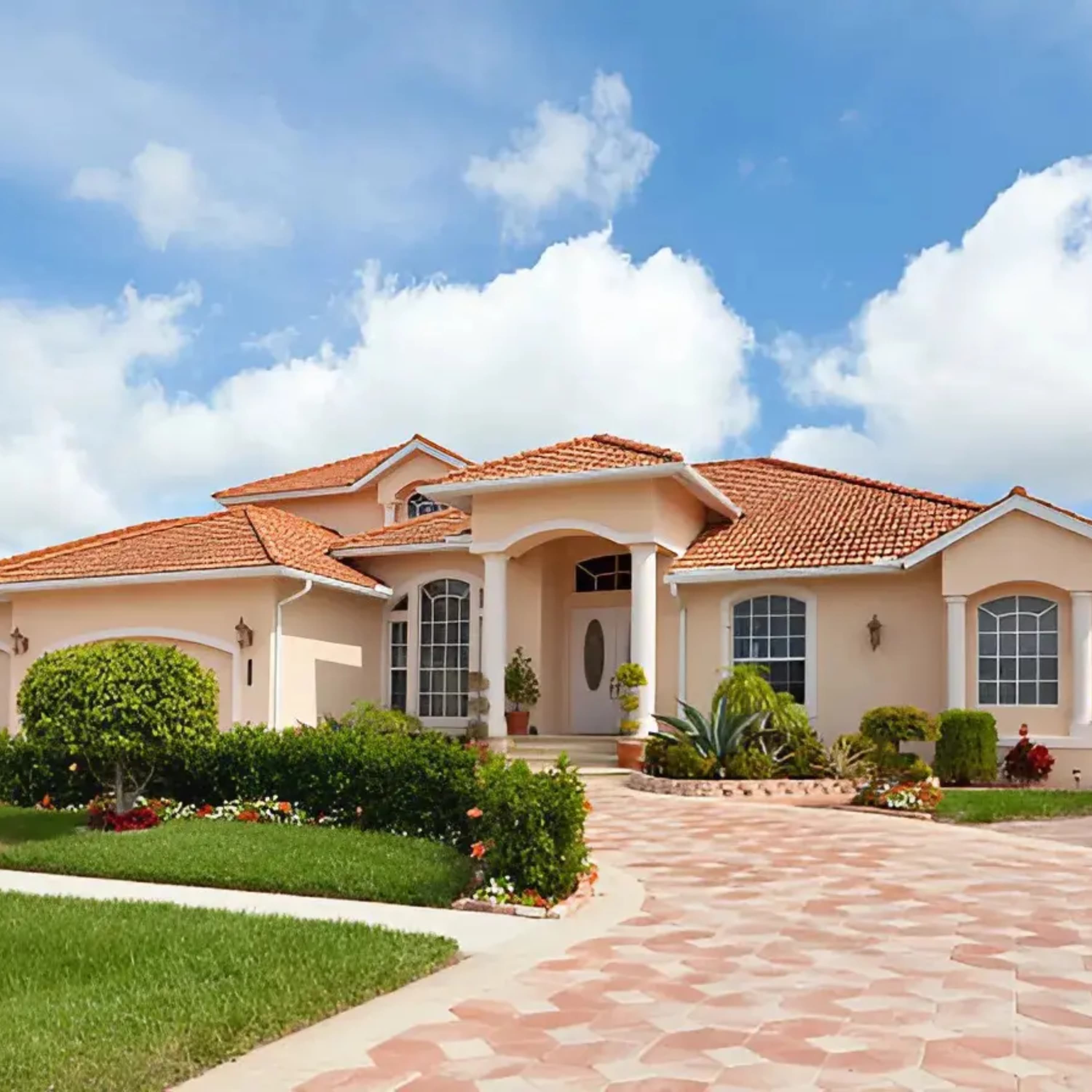 Mediterranean home with a terracotta roof, beige walls, and a patterned stone driveway.