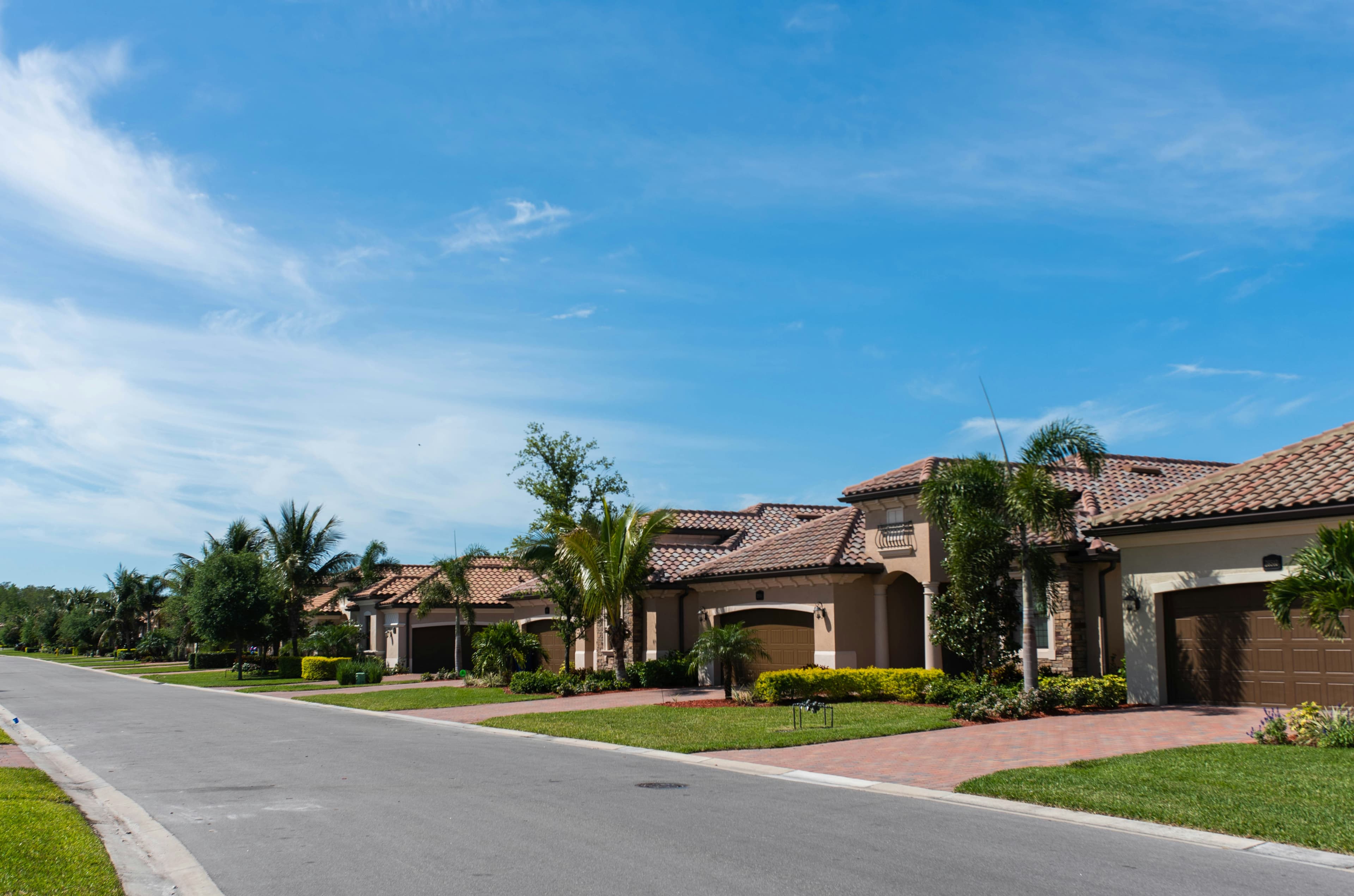 Suburban street lined with Mediterranean-style houses, palm trees, and manicured green lawns.